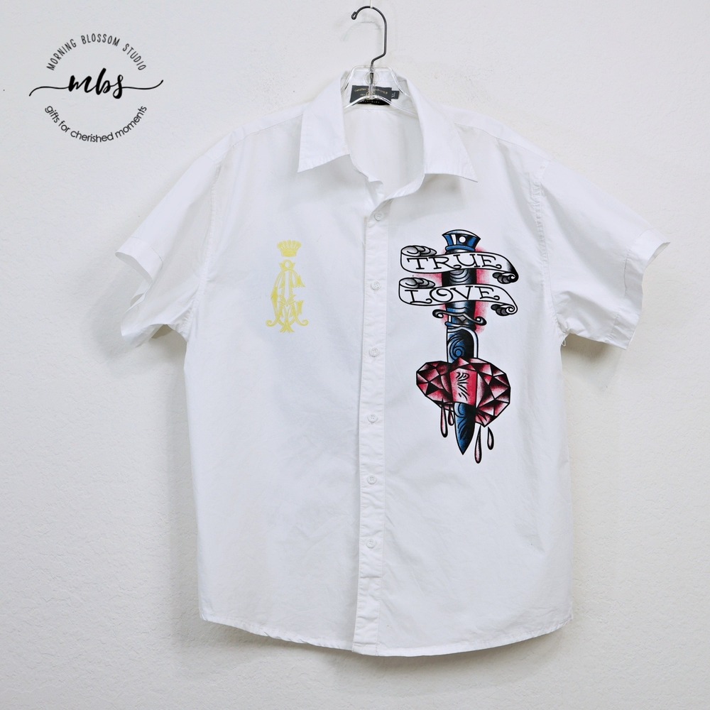 Christian Audigier‎ True Love Dagger 2K Tattoo Rocker Shirt White Men XL